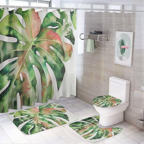 CAEITLRSO Cortina de Ducha Monstera 180cm X 200cm, Alfombra de baño Antideslizante de Acuarela Hojas Juego de 4 Piezas, Cortinas de Ducha Impermeables Decora tu baño 180cm X 200cm
