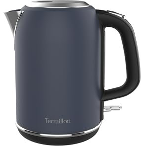 TERRAILLON - NEW MOON- Bouilloire Electrique,1.7L, 2200W,Base pivotante 360°, Arrêt Automatique et bouton rétroéclairé, Indicateur de niveau d'eau, Filtre anti-calcaire, Corps inox peint, Bleu
