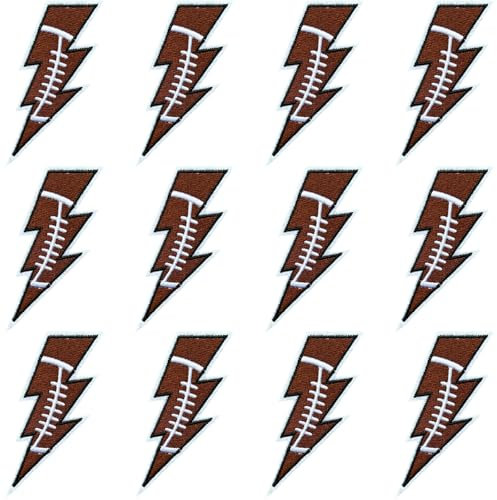 12Pcs Lightning Football Patches, Game Day Decoration, Football Iron on Patches, Brown Embroidered Sew on Patch Applique Embellishments for Hats Jeans Backpacks T-Shirt Dress (Football)