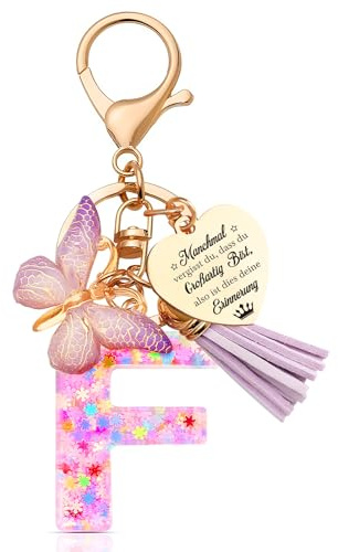 Anruzon Schlüsselanhänger Mädchen mit Buchstabe Schmetterling | Anfangsbuchstaben Schlüsselanhänger mit Schmetterling, kleiner Quaste und funkelndem Anhänger für Mädchen Damen FrauenKinder