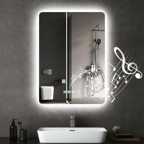 Bellanny Bluetooth Bathroom Mirror with LED Light, 50×70 CM Wall Mounted Vanity Mirror with Backlit Lights, Illuminated Bathroom Mirror with Anti-Fog | 3 Colors Dimmable, Memory, IP44, For Home Hotel