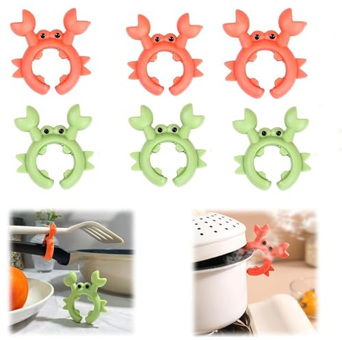 LZZEM 6Pacs Crab Shaped Spoon Holder Adjustable Crab Utensil Holder Anti Scald Silicone Spatula Holder for Pots Stoves and Countertops Heat Resistant Easy to Clean Fun Kitchen Gift Ideas
