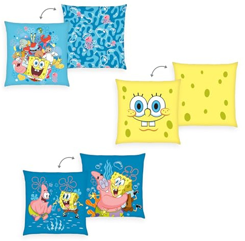 Herding Dekokissen 3er-Set, Spongebob Schwammkopf, 40 x 40 cm, Zum Kuscheln und als Dekoration, Polyester, Mehrfarbig