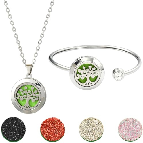 SUNNYCLUE Bracciale Diffusore di Oli Essenziali, Collana di Oli Essenziali con 1 ricariche, Braccialetti Regolabili in Acciaio Inossidabile con Albero Dellsa Vita, Collane, Gioielli per Aromaterapia,