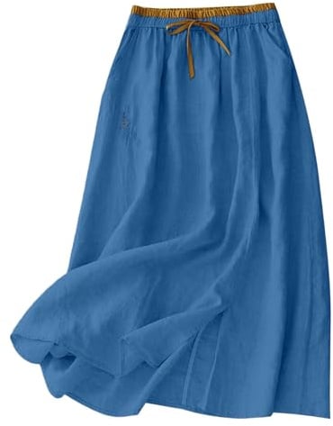 duxyoz Linen Skirts for Women UK Summer Elastic High Waist Loose A Lined Midi Skirt Cotton Linen Embroidery Elegant Casual Office Work Basic Party Dresses for Holiday Going Out