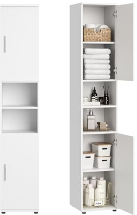 Home Collective Badezimmerschrank schmal - Hochschrank Badschrank mit 6 Fächern, Badezimmer Aufbewahrung, Mehrzweckschrank für Bad, Keller & Hauswirtschaftsraum | 35x35x187 cm (BxTxH) | Weiß