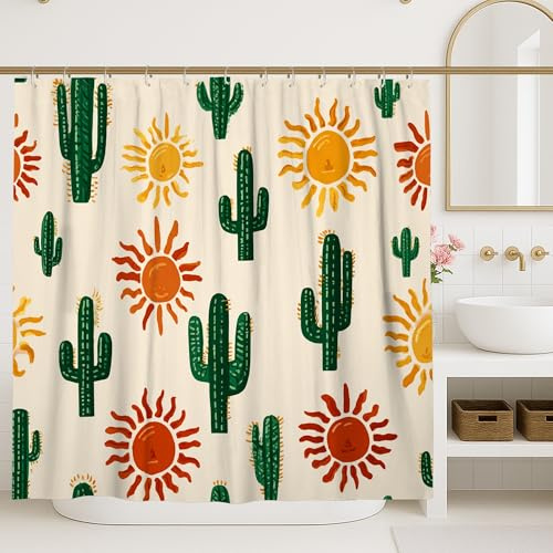 Duschvorhang mit Kaktus-Sonne, buntes Wüstengrün, Gelb, Orange, Badezimmer-Dekor, Sommer, Bohemian-Chic, wasserdichter Stoff-Duschvorhang mit Haken, 183 x 190 cm