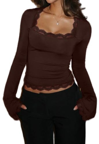 NJWTSDTZ Women Bell Long Sleeve Shirt Tops Y2k Square Neck Lace Trim Crop Shirts Trendy Slim Fit Fall Going Out Blouse(Brown,Large)