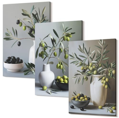 Wallfluent Bilder Set Wanddeko 60x40 cm Polycanvas Wandkunst Leinwand 3-teiliges Set - Deko für Wohnzimmer Schlafzimmer - Oliven in Vasen vor einem Hintergrund in gedeckten Farben