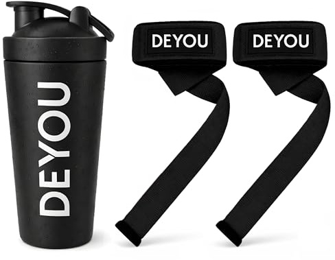 DEYOU Bundle – Edelstahl Shaker 750 ml + Zughilfen mit Polsterung & Meshbag – BPA-frei, Auslaufsicher – Gym Fitness Set für Krafttraining & Bodybuilding