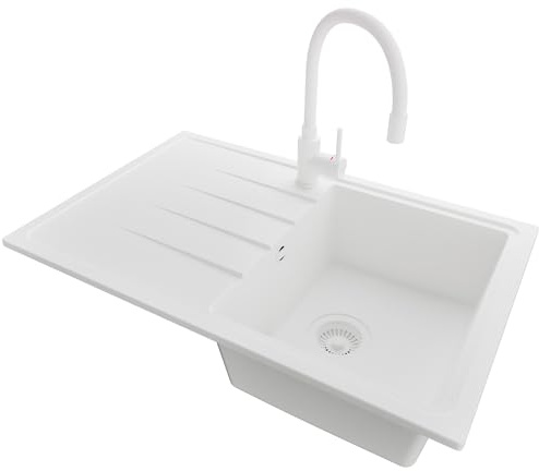 PRIMAGRAN Granitspüle ab 45er Unterschrank + Küchenarmatur, 78x50cm | Set: Küchenarmatur BW6020 + Ablauf-Set (Siphon, Ablaufgarnitur, Überlauf) + Spülbecken 1 Becken - Mailand, Alles Weiß