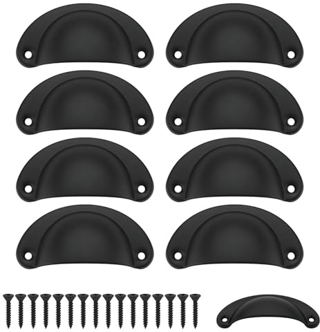 Hiuyavy 8 Pcs Shell Cup Handle, Drawer Handles with Screws, Knobs Metal Vintage Shell Pull Handles for Kitchen, Wardrobe, Furniture, Dresser Drawer (Black)