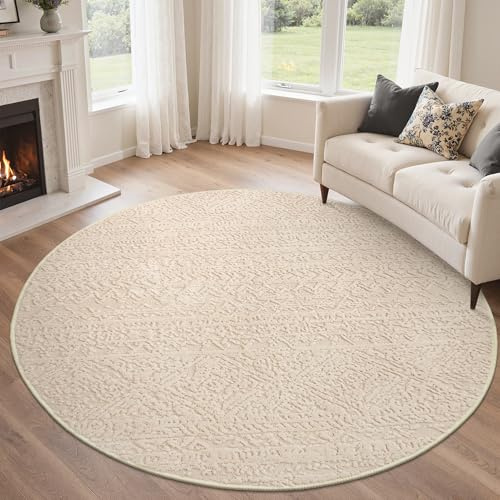 BEIMO Beige Runder Teppich, Waschbar & rutschfest, Ø120 cm | Weiche 3D-Optik im modernen Boho-Stil für Wohnkomfort im Wohn- oder Schlafzimmer