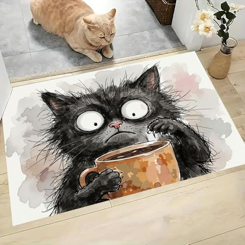 Fußmatte Innen Waschbar 40x60 cm, rutschfest Fussmatte Eine Müde Aussehende Schwarze Katze Dünn Schmutzfangmatte Aquarellillustration Türmatte Außen, Eingangsteppich für Eingang, Haustür, Hellgrau