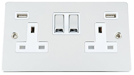 USB Socket 2 Gang - Polished Chrome Flat White Insert Metal Rocker (3100mA)