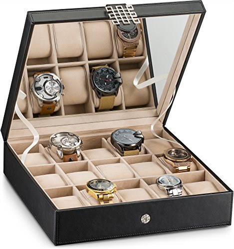 Glenor Co Uhrenbox - 15 Fächer klassisches Uhrenkoffer Display Organizer mit moderner Schnalle - Schwarz