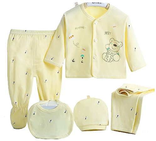 Gajaous Baby Boy Girl's 5PCS Newborn Cotton Grow Top Hat Pants PlaySuit Sets Outfit, Yellow #5, 0-3 Months