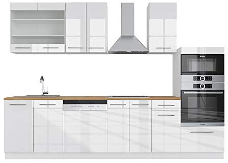 Vicco Küchenzeile Fame-Line, Weiß Hochglanz/Weiß, 300 cm mit Hochschrank, ohne Arbeitsplatte