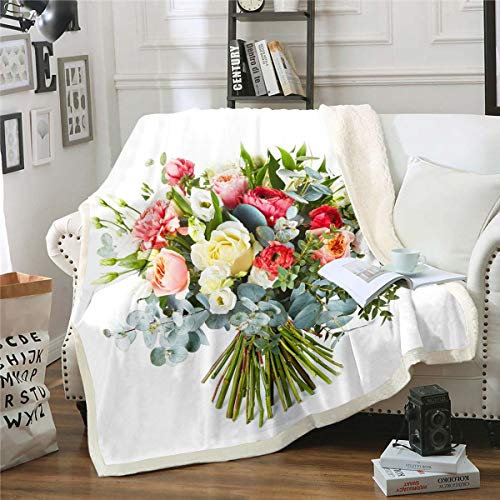 Coperta in pile con rose e fiori floreali,Sherpa,donne,motivo romantico di fiori,coperta in peluche 3D con vivida per divano letto,matrimoniale,160 x 180 cm