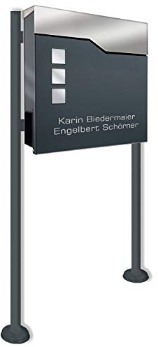 Zalafino Briefkasten incl. Standfuß freistehend in anthrazit - individualisierbarer Design-Briefkasten aus pulverbeschichtetem Stahl mit Zeitungsrolle, Sichtfeldern und Standfuß