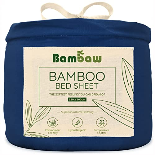 Bambaw Sabanas de Bambu 180x200 cm para Cama 180cm, Bolsillo 35 cm, Sábanas Frescas para Verano e Invierno, Sabana 180x200 Termoreguladora, Ropa de Cama Anti Acaros (Azul Marino)