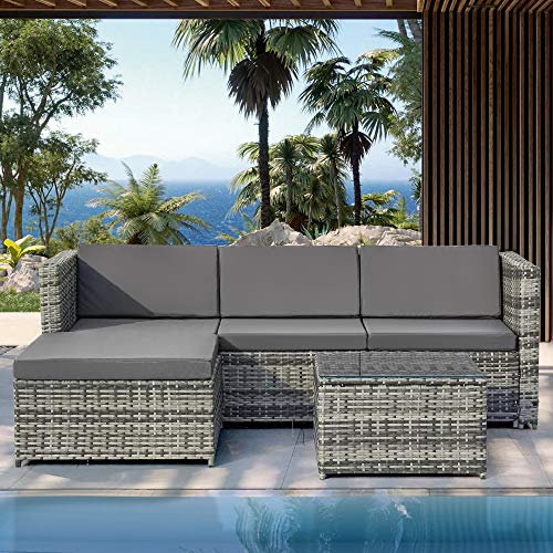 ModernLuxe Polyrattan Lounge Sitzgruppe Couch Sofagarnitur, Lounge Gartenm?Bel, Ecksofa, Couchgarnitur mit Sitz- und R¨¹ckenkissen, Lounge-Tisch mit Glasplatte (Grau)