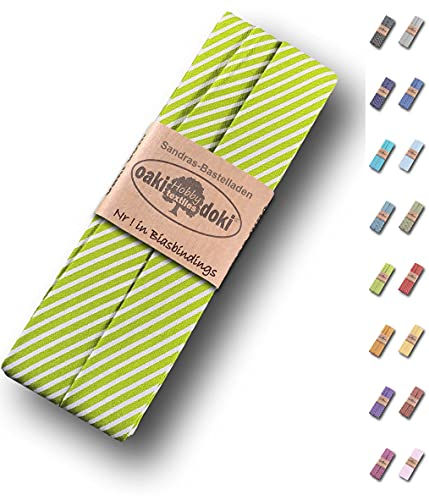 Sandras-Bastelladen Schrägband/Einfassband Baumwolle gefalzt 3m x 20mm - Streifen Muster 6009-Hellgrün-Weiß