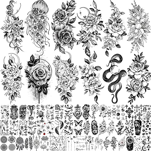 Bilizar 64 Feuilles Fleurs Tatouage Ephemere Femme Cou, Floral Lune Rose Faux Tatouages Temporaire Adulte Filles Peau, Autocollants De Tatouage Réalistes 3D Serpent Pivoine Enfants Longue Durée