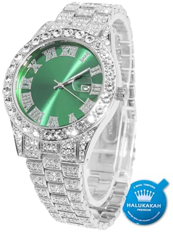 Halukakah Diamant Golduhr, Herren Platin Weiß Vergoldet 42MM Breite Grün Wählen Quarz Armband 24cm, mit Geschenkbox
