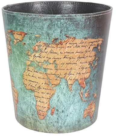 jojofuny Capacidad de La Basura de Cuero Mapa del Mundo Diseño Vintage Residuos Papel Cesta de Papel Papelera de Contenedor de Basura para Baño Cocina Sala de Estar Dormitorio Oficina