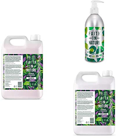 Faith In Nature Hair Care Bundle Featuring: Lavender & Geranium Shampoo 5L, Lavender & Geranium Conditioner 5L and Aluminium Refill Bottle 450ml