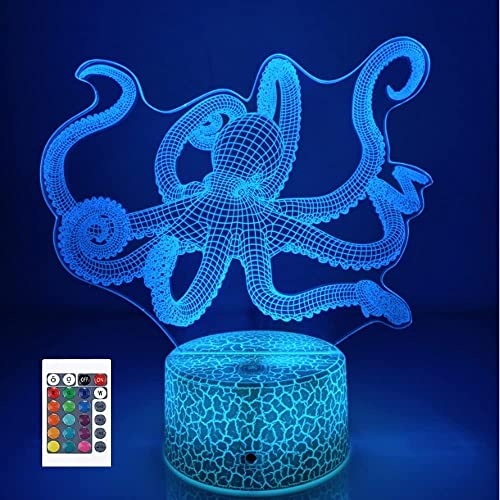SUPERRUIDALONG 3D Octopus Fernbedienung 16 Farben Nachtlichter Illusion Acryl LED Tisch Nachttisch Lampe Kinder Schlafzimmer Schreibtisch Dekor Geburtstag Weihnachten Geschenke Spielzeug für Kinder