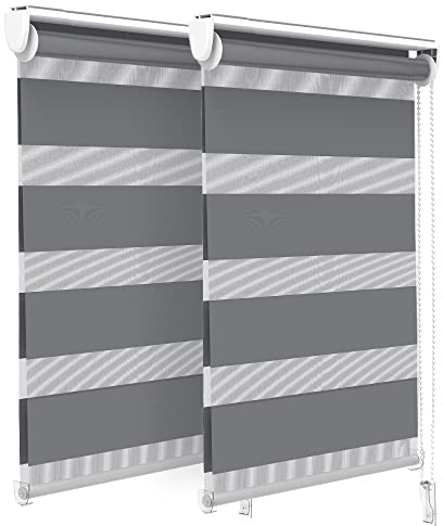 VOUNOT® Set di 2 Tenda a Rullo Doppia Strato Oscurante Giorno e Notte, Catenella Laterale, Bande Trasparenti e Opache, Tenda Interno Zebra Blinds Grigio, 50 x 150 cm