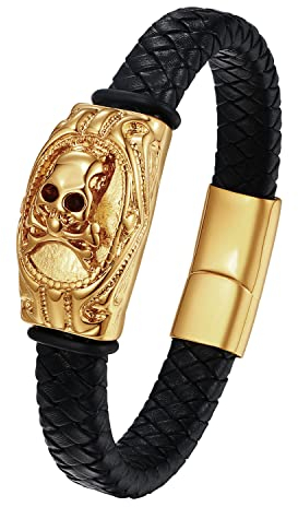 Flongo Herren Totenkopf Lederarmband Geflochten Kette mit Pirate Schädel Armkette aus Edelstahl massiv Schmuck Gotik Punk Magnet Verschluss Armreif Geschenk für Männer Vatertagsgeschenk gold