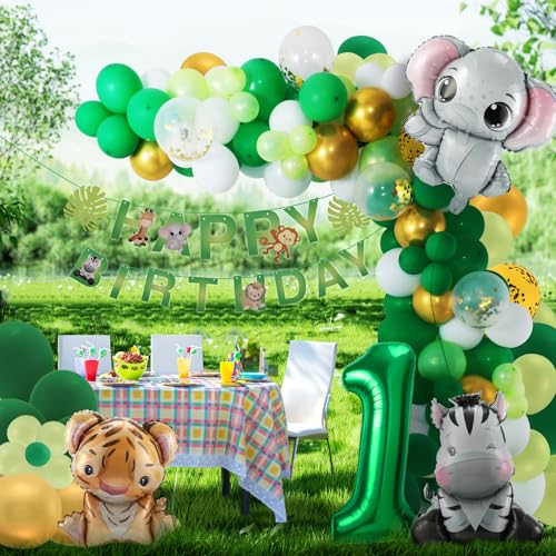 Partyhausy 1. Geburtstag Junge Mädchen 1 Jahr Dschungel Dekoration Waldtiere Folienballon, Safari Kindergeburtstag Deko Wild One, Tiere Luftballon Geburtstagsdeko, (ouhan-088)