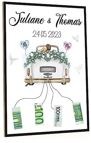 Personalisierte Hochzeitsgeschenke für Brautpaar - Poster & Kunstdruck auf Holz - Personalisierte Geschenke mit Namen & Datum - Zur Hochzeit - Geldgeschenk - Bilder für die Ewigkeit - Just Married