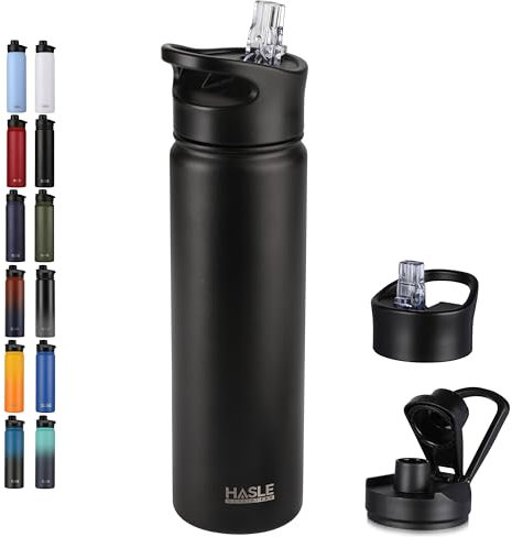 HASLE OUTFITTERS Bouteille d'eau isotherme à double paroi en acier inoxydable de 650 ml avec couvercle à paille et couvercle à bec verseur, garde au froid ou au chaud (noir, 1)