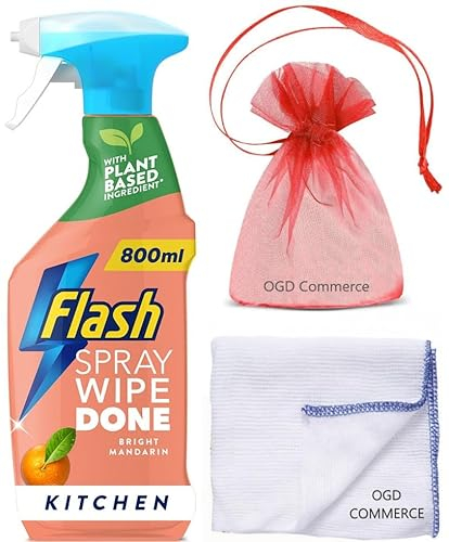 Flash Sparkling Kitchen, Spray Wipe&Done, 800ml, Cuts Grease & Grime, Bright Mandarin Scent + Cleaning Cloth + Gift for You: Organza Small Bag