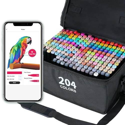 Vokiuler 204 Alkohol Stifte Set, Marker Stifte mit App Twin Marker Filzstifte für Kinder Erwachsene Zeichnen Manga malsachen, Alkoholmarker Als Geschenk für Weihnachts une Geburtstag mit Tragetasche
