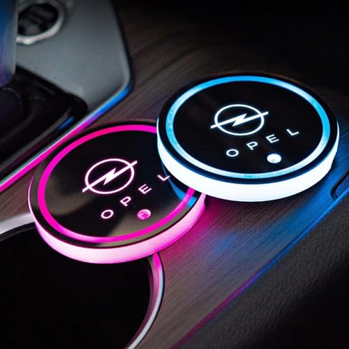 2 Stück Getränkehalter LED,7 Farben wasserdichte Atmosphäre Lichter Logo DekorationAuto Untersetzer USB Lade für Opel Astra Insignia Corsa Vectra Zafira Mokka