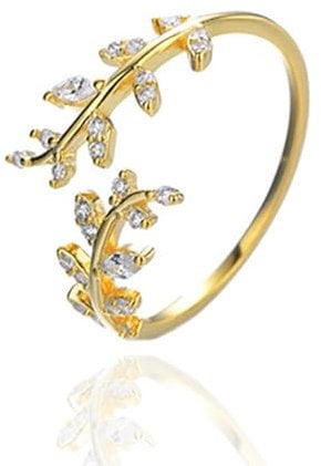 Leaf Silver Thumb & Wrap Around Open Rings - Simulated Diamond, Adjustable for Wedding, Promise, Birthday Party (Gold)