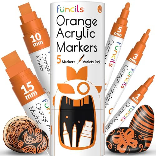 5 Orange Paint Pens - Extra Fine Tip, Thin & Jumbo (1mm, 3mm, 6mm, 10mm, 15mm) - Acrylic Orange Paint Marker for Metal, Fabric Paint Pen, Plastic, Canvas, Wood, Rock Painting - Water-based Ink