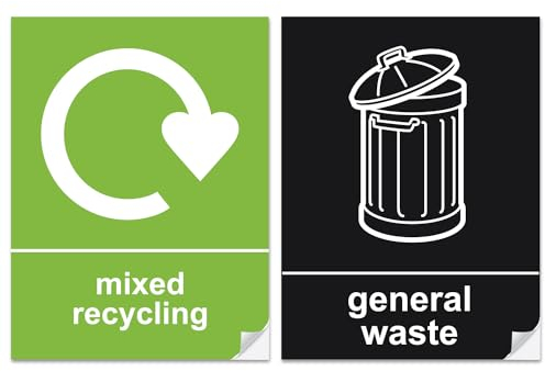 SAFESIGN Recycling Bin Stickers - Self Adhesive PVC - Pack of 2 Signs - General Waste and Mixed Recycling - 150mm x 100mm - Safety Health Waterproof Vinyl Conforms to EN ISO 7010:2012