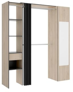 Vente-unique - Dressing avec Rideau et 1 Porte - avec Miroir - L177 cm - Coloris : Naturel et Anthracite - Bertrand