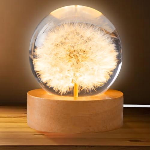 GOMETY Kristallkugel Nachtlicht, 6CM Pusteblume Glaskugel Nachtlampe, Kristallkugel-Nachtlicht Blume mit USB Holzsockel, Dandelion Lampe Wunscherfüller für Zuhause Tischdekorationen Geschenke