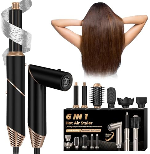 Airstyler Hairstyler 6 in 1，Zusammenklappbarer Heißluftkamm,Warmluftbürste Ionen Hairstyler Föhn mit Föhnbürste Auto Lockenstab Rundbürstenföhn Lockenbürste Stylingbürsten Haarföhn