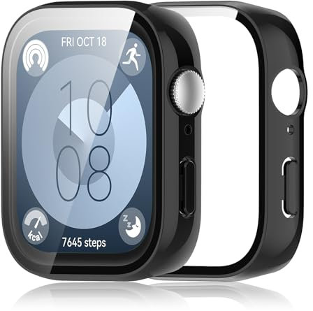 Haofun 2 Pezzi Cover per Huawei Watch Fit 3, con 9H HD Ultra Vetro Temperato Pellicola Protettiva, PC Protettiva Custodia, Protezione Completa, Anti-Fall - Nero