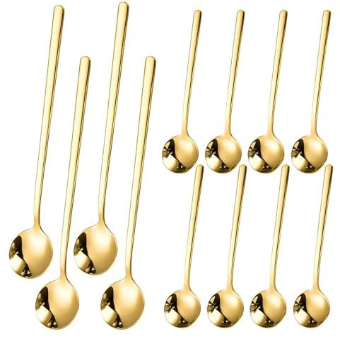 12-Piece Gold Espresso Spoons Set, 4 x 20cm & 8 x 13cm – Elegant Coffee Stirring Spoons for Cappuccino, Latte, Dessert–Durable & Stylish Cutlery for Home, Café, Gifting