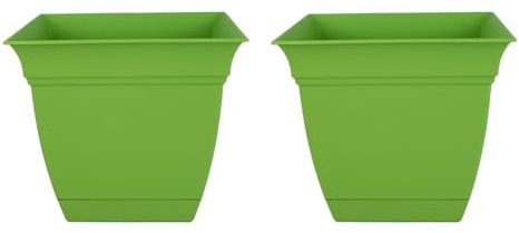 The HC Companies Eclipse Square Plastic Planter w/Attached Saucer - Outdoor & Indoor Plant Pot with Drainage Holes - Lightweight, UV-Resistant Plastic Pots for Plants (10 Peridot Green, Pack of 2)