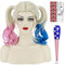 Perücke für Harley Quinn Damen mit Tattoo Perüce Kappe Lang Perücen für Frauen Faching Karneval Mottoparty Harley Quinn Kostüm Halloween Wig (Blond Blau Rosa) VD122